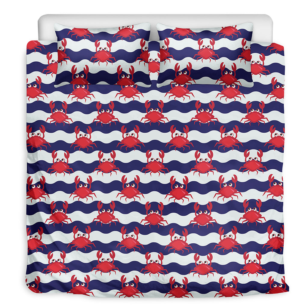 Blue And White Wave Crab Pattern Print Duvet Cover Bedding Set