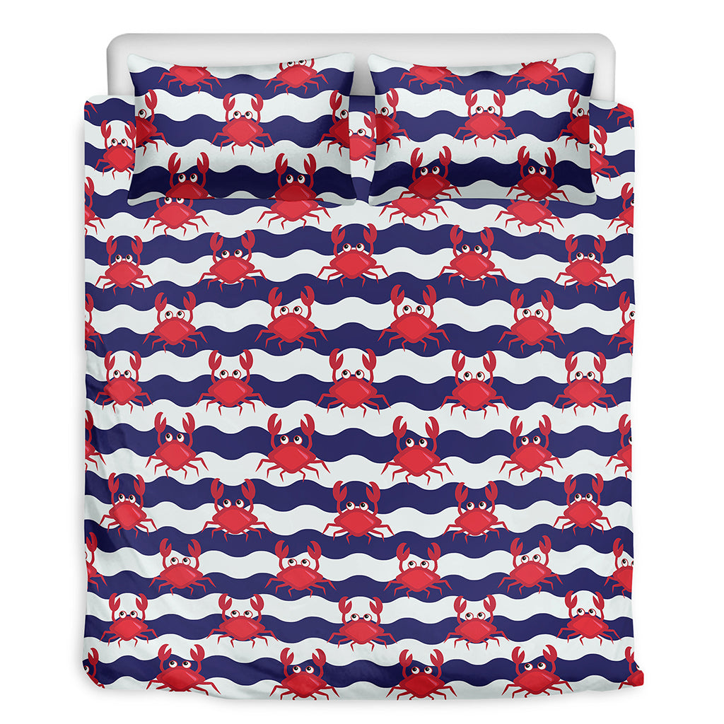 Blue And White Wave Crab Pattern Print Duvet Cover Bedding Set