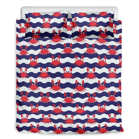 Blue And White Wave Crab Pattern Print Duvet Cover Bedding Set