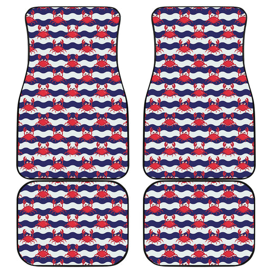 Blue And White Wave Crab Pattern Print Front and Back Car Floor Mats