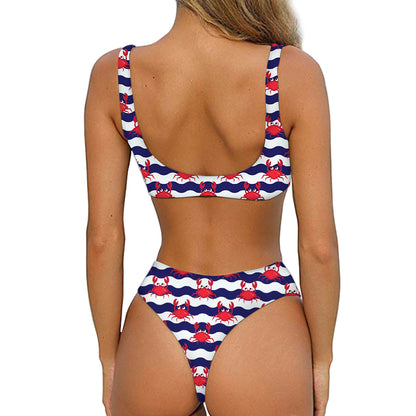 Blue And White Wave Crab Pattern Print Front Bow Tie Bikini