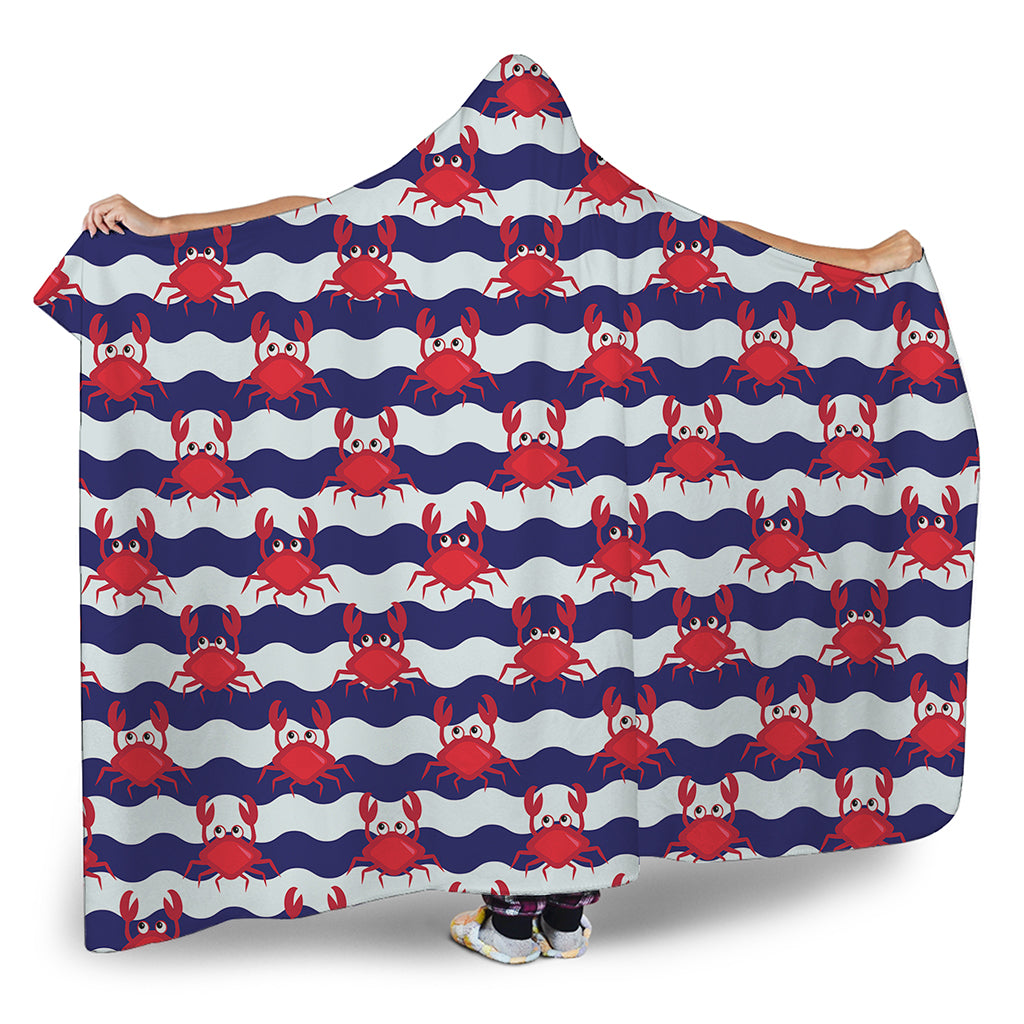 Blue And White Wave Crab Pattern Print Hooded Blanket
