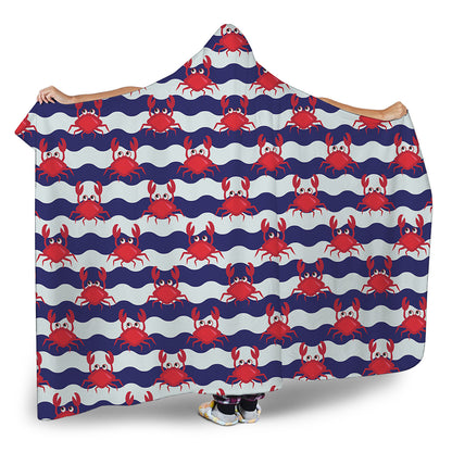 Blue And White Wave Crab Pattern Print Hooded Blanket