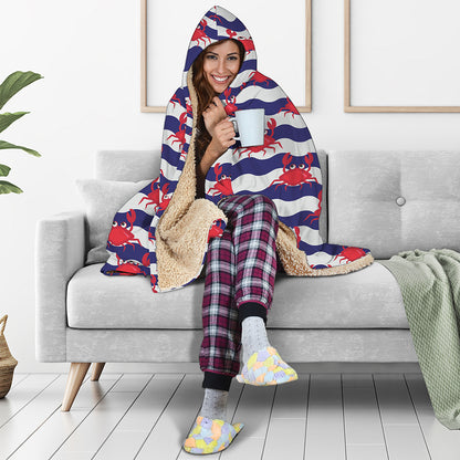 Blue And White Wave Crab Pattern Print Hooded Blanket