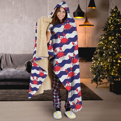 Blue And White Wave Crab Pattern Print Hooded Blanket