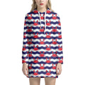 Blue And White Wave Crab Pattern Print Pullover Hoodie Dress