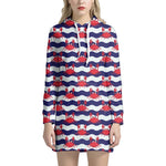 Blue And White Wave Crab Pattern Print Hoodie Dress