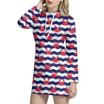 Blue And White Wave Crab Pattern Print Hoodie Dress