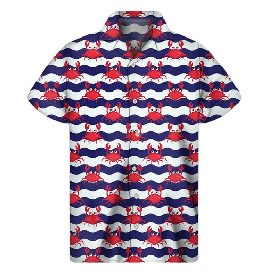 Blue And White Wave Crab Pattern Print Men's Short Sleeve Shirt
