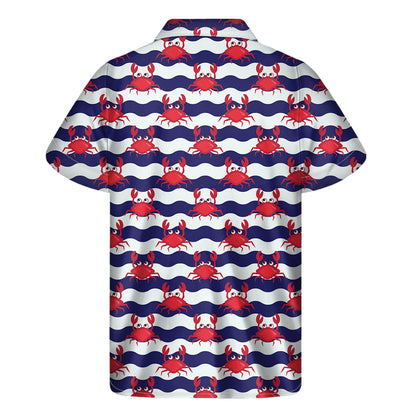 Blue And White Wave Crab Pattern Print Men's Short Sleeve Shirt