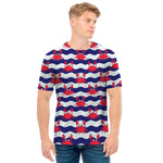 Blue And White Wave Crab Pattern Print Men's T-Shirt