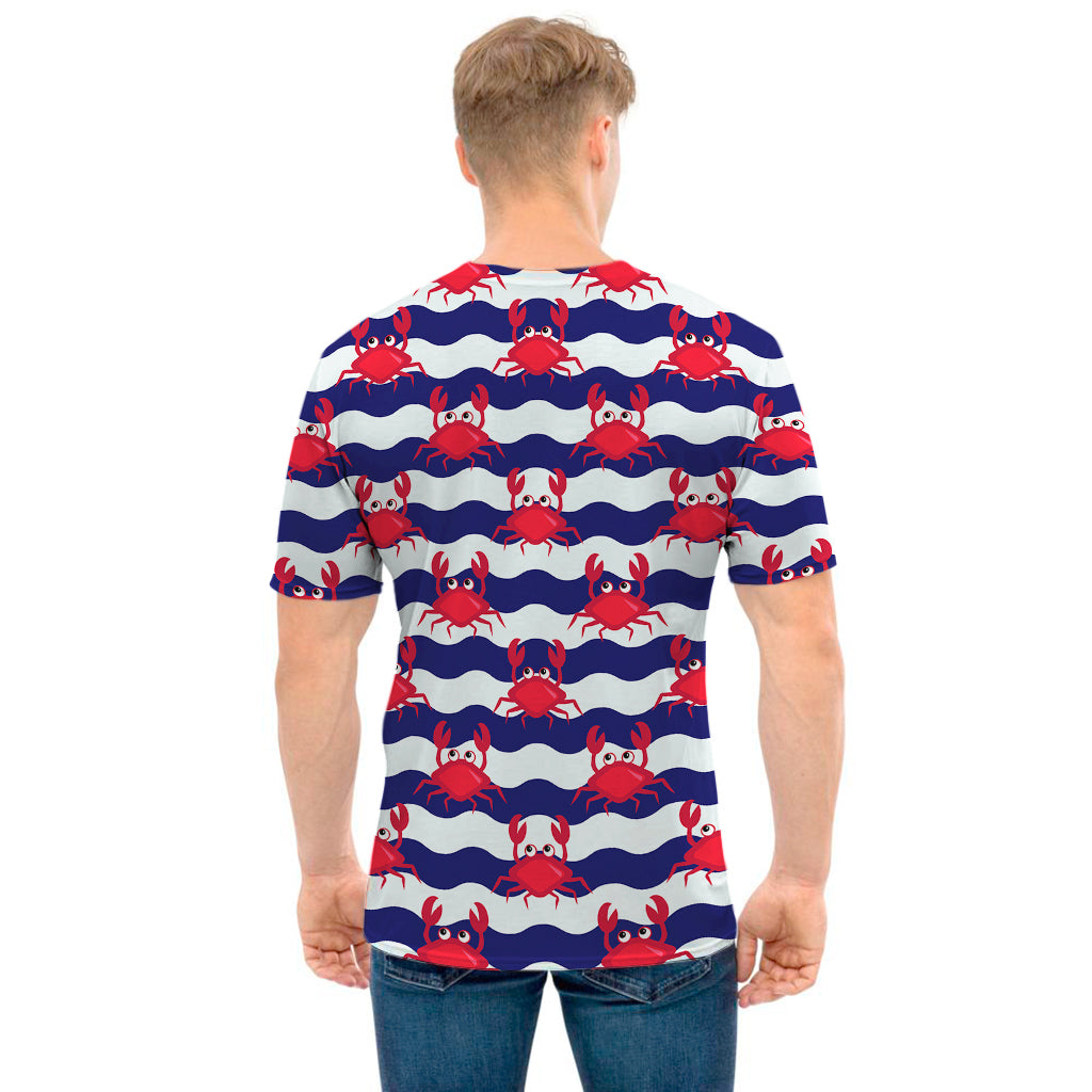 Blue And White Wave Crab Pattern Print Men's T-Shirt