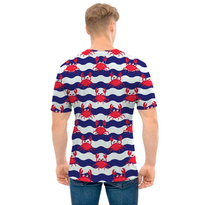 Blue And White Wave Crab Pattern Print Men's T-Shirt
