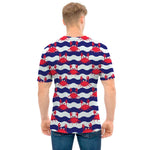 Blue And White Wave Crab Pattern Print Men's T-Shirt