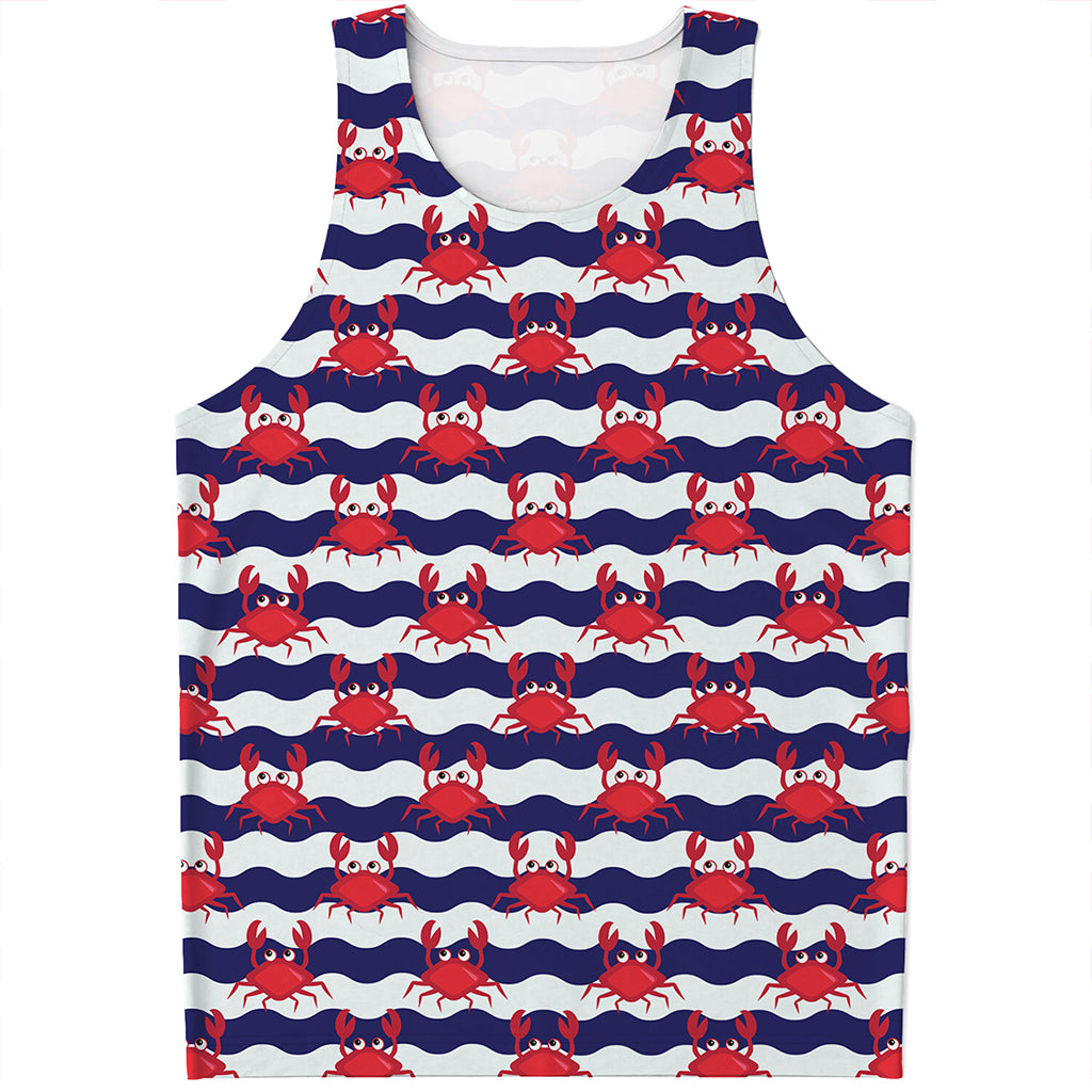 Blue And White Wave Crab Pattern Print Men's Tank Top