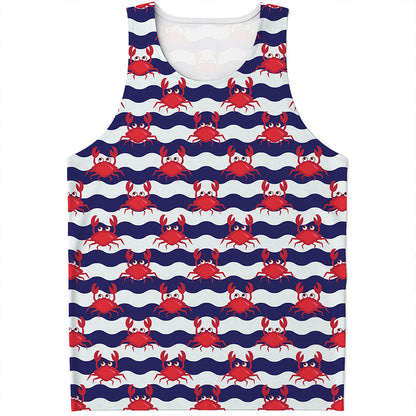 Blue And White Wave Crab Pattern Print Men's Tank Top