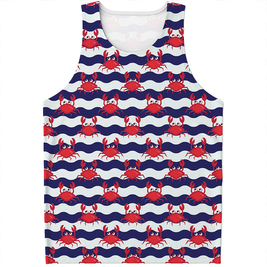 Blue And White Wave Crab Pattern Print Men's Tank Top