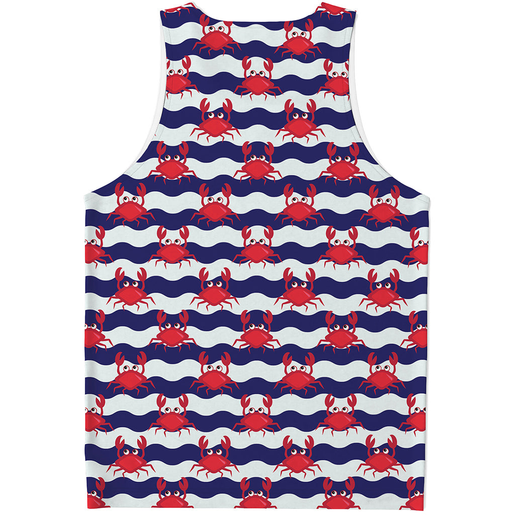 Blue And White Wave Crab Pattern Print Men's Tank Top