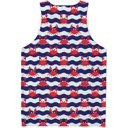 Blue And White Wave Crab Pattern Print Men's Tank Top
