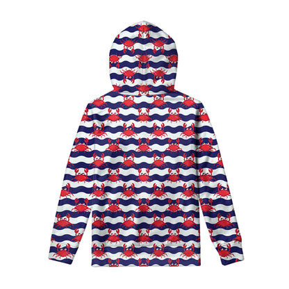 Blue And White Wave Crab Pattern Print Pullover Hoodie