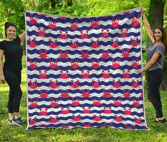 Blue And White Wave Crab Pattern Print Quilt