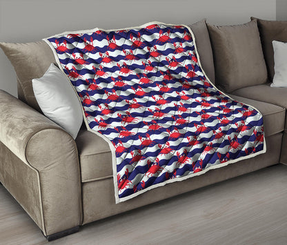 Blue And White Wave Crab Pattern Print Quilt
