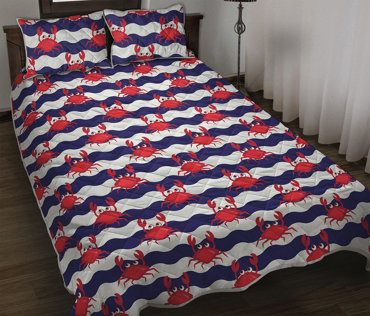 Blue And White Wave Crab Pattern Print Quilt Bed Set