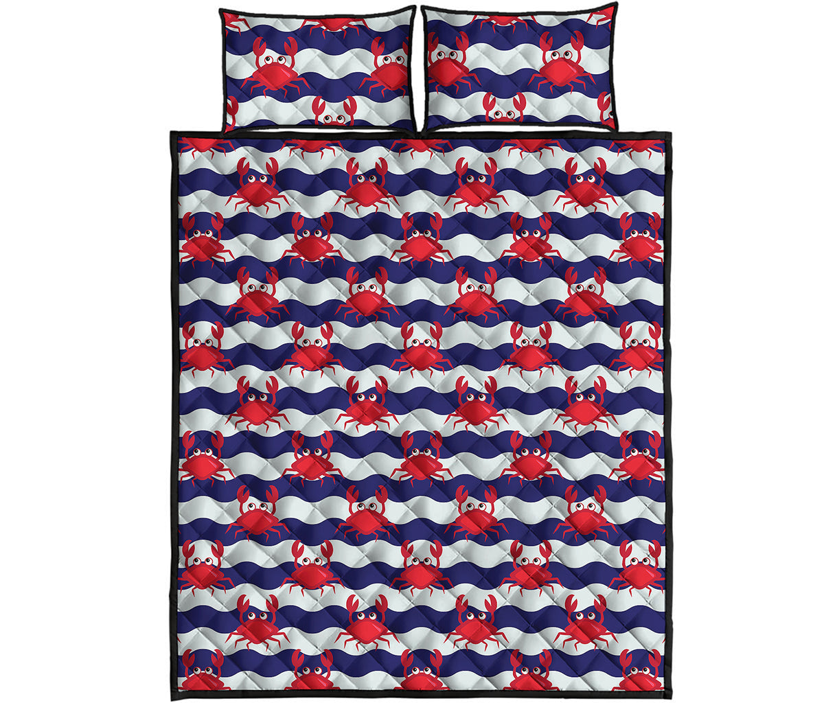 Blue And White Wave Crab Pattern Print Quilt Bed Set