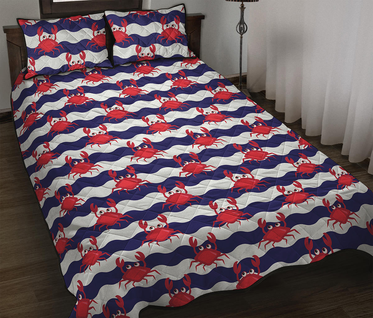 Blue And White Wave Crab Pattern Print Quilt Bed Set