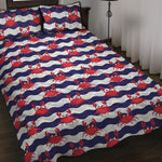 Blue And White Wave Crab Pattern Print Quilt Bed Set