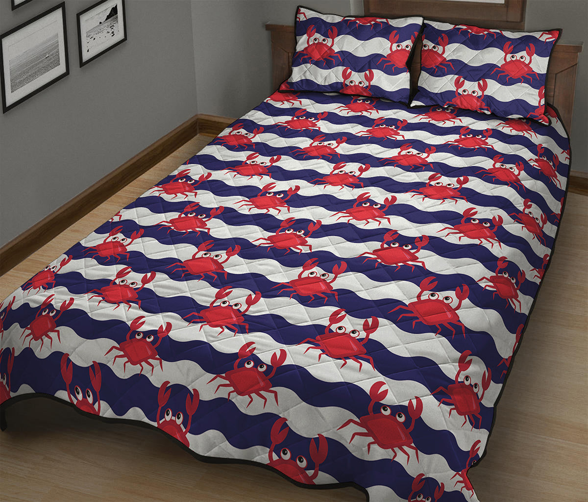 Blue And White Wave Crab Pattern Print Quilt Bed Set