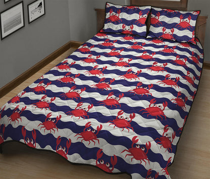 Blue And White Wave Crab Pattern Print Quilt Bed Set
