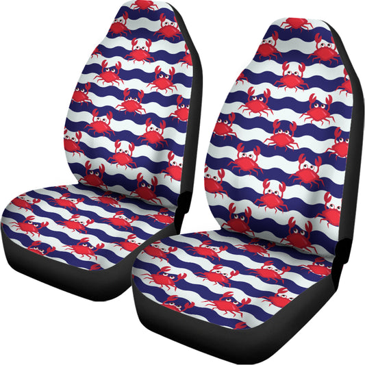 Blue And White Wave Crab Pattern Print Universal Fit Car Seat Covers