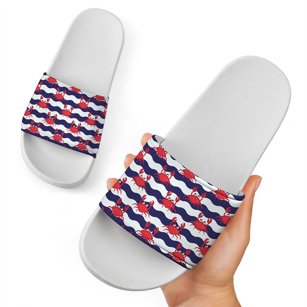 Blue And White Wave Crab Pattern Print White Slide Sandals