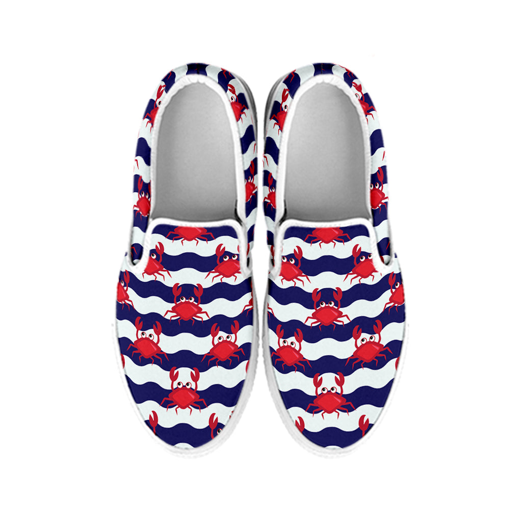Blue And White Wave Crab Pattern Print White Slip On Shoes