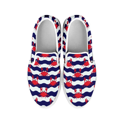 Blue And White Wave Crab Pattern Print White Slip On Shoes