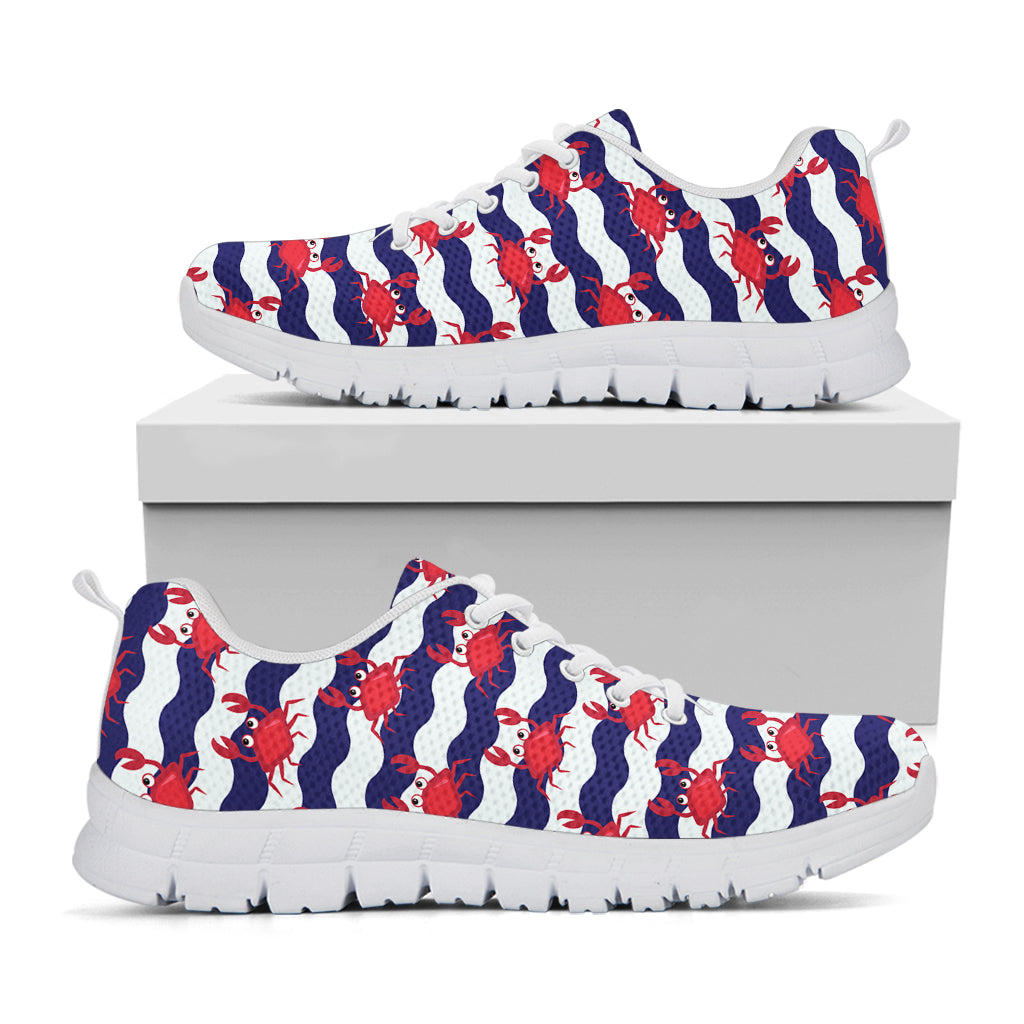 Blue And White Wave Crab Pattern Print White Sneakers
