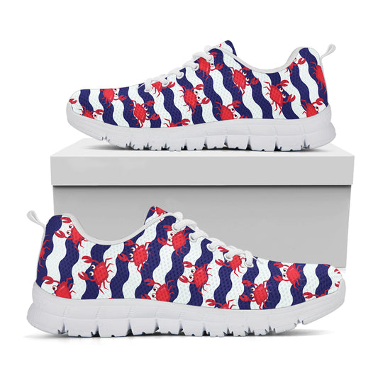 Blue And White Wave Crab Pattern Print White Sneakers