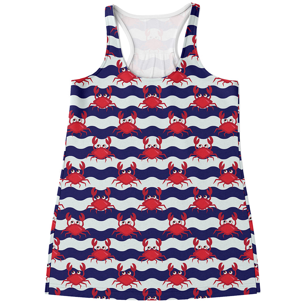 Blue And White Wave Crab Pattern Print Women's Racerback Tank Top