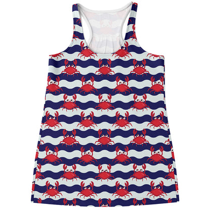 Blue And White Wave Crab Pattern Print Women's Racerback Tank Top