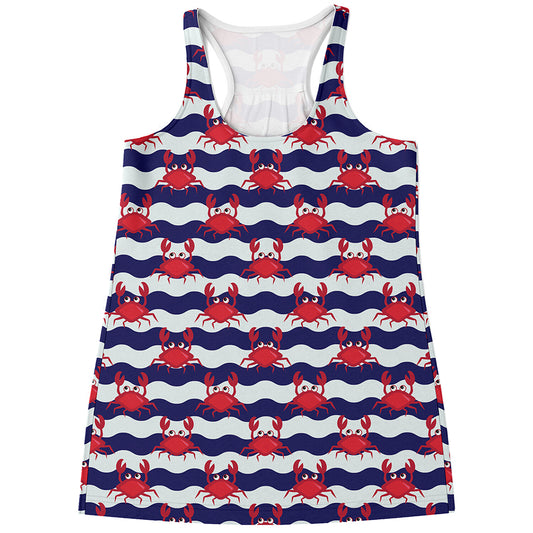 Blue And White Wave Crab Pattern Print Women's Racerback Tank Top