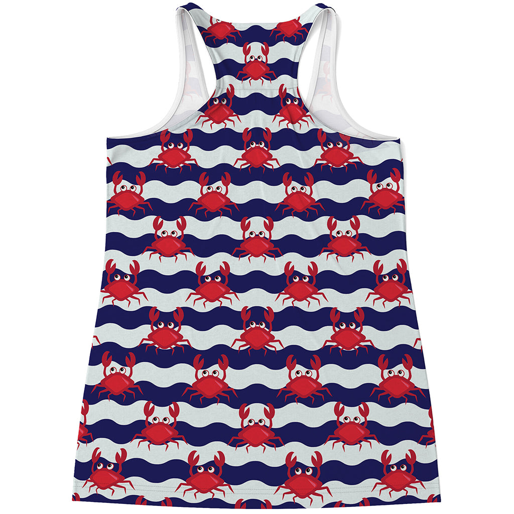 Blue And White Wave Crab Pattern Print Women's Racerback Tank Top