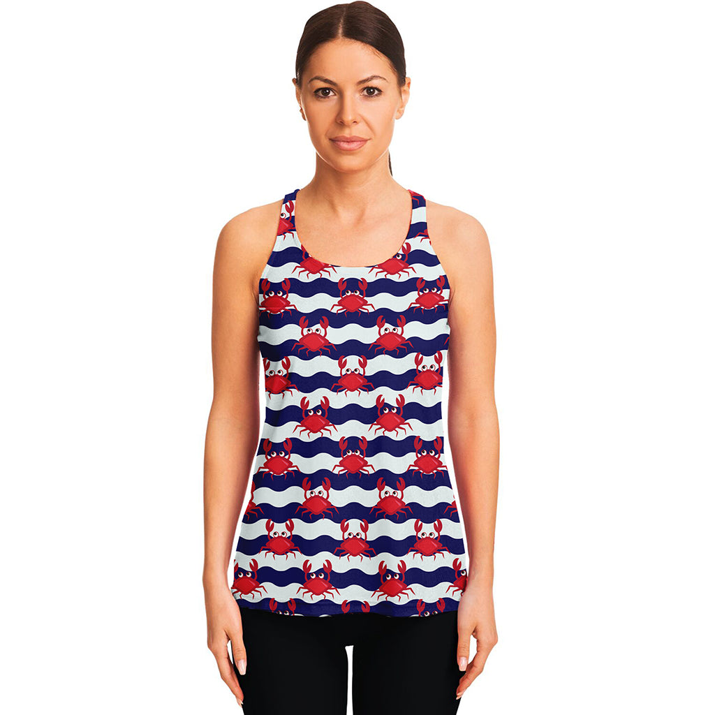 Blue And White Wave Crab Pattern Print Women's Racerback Tank Top