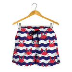 Blue And White Wave Crab Pattern Print Women's Shorts