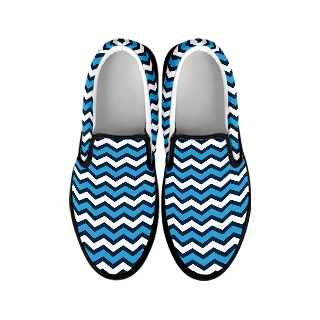 Blue And White Zigzag Pattern Print Black Slip On Shoes