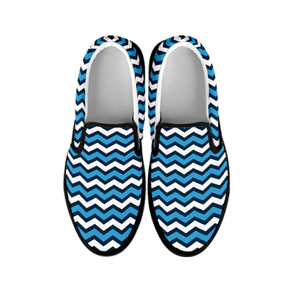 Blue And White Zigzag Pattern Print Black Slip On Shoes