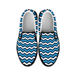 Blue And White Zigzag Pattern Print Black Slip On Shoes
