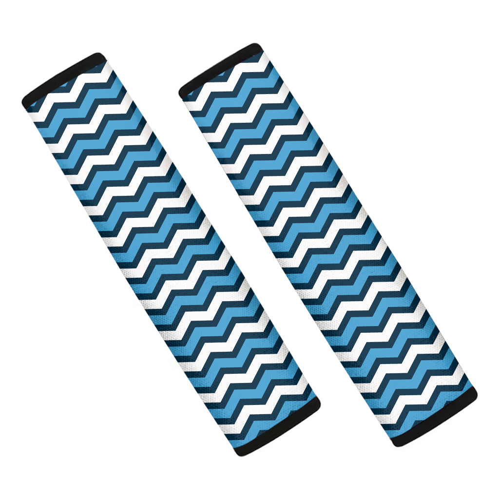 Blue And White Zigzag Pattern Print Car Seat Belt Covers