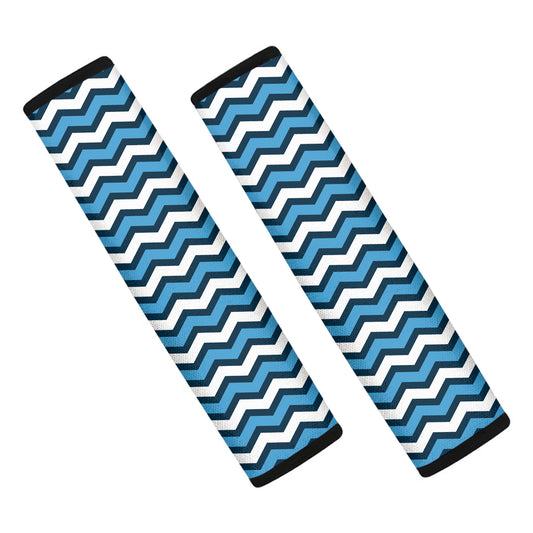 Blue And White Zigzag Pattern Print Car Seat Belt Covers