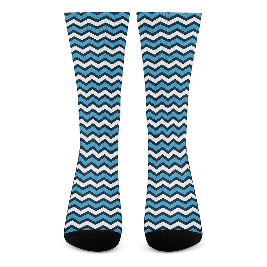 Blue And White Zigzag Pattern Print Crew Socks
